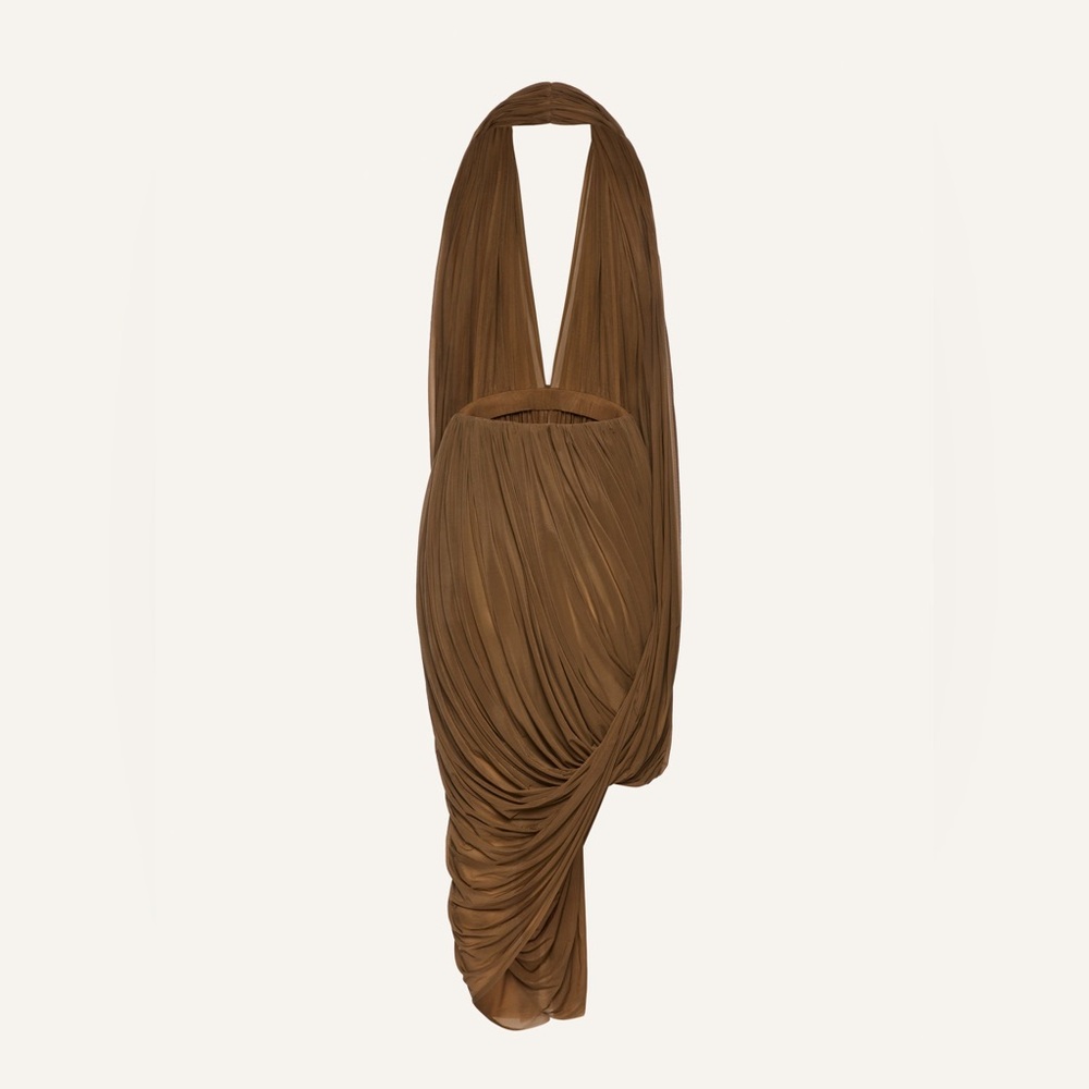 KOIR Stunning draped halter midi evening dress olive brown - Picture 3 of 8